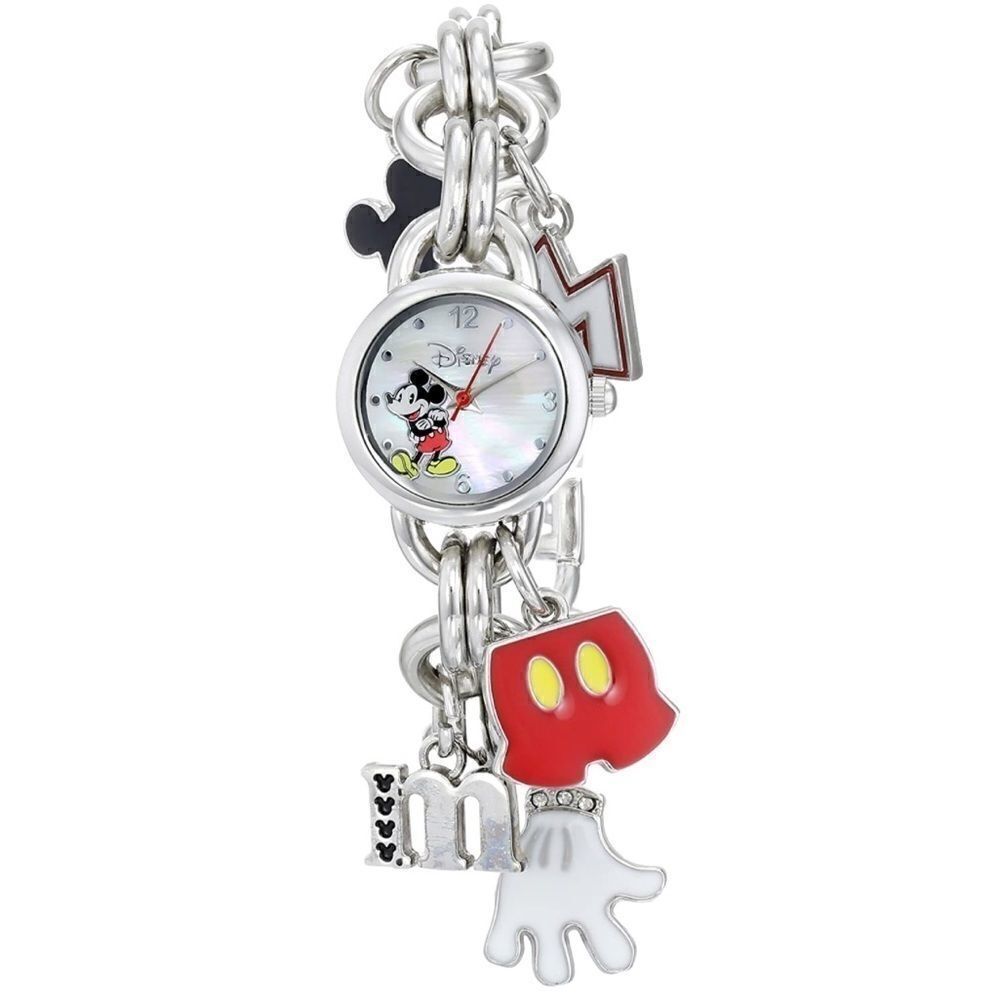 Silver and Mother of Pearl Women's Disney Mickey Mouse Dangling Charm Watch